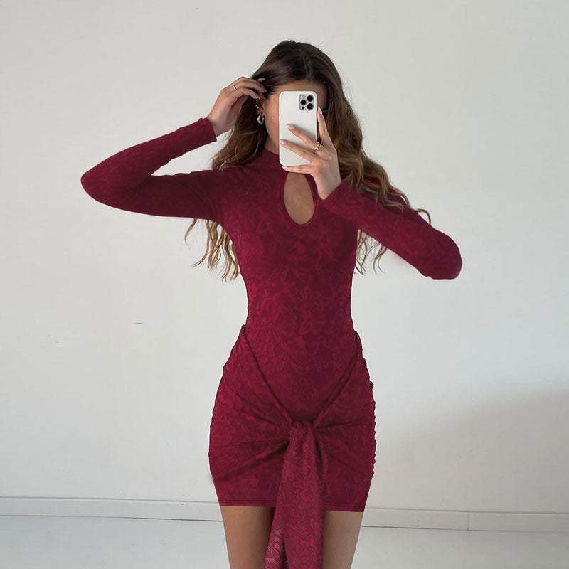 Long sleeved ribbon lace neckline hollow out twisted dress