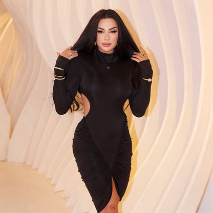 High neck backless pleated hip hugging short skirt long sleeved dress