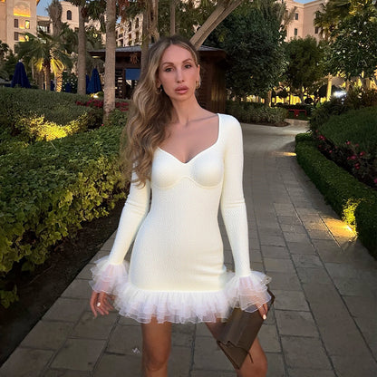 Texture rolled lace decorative long sleeved dress