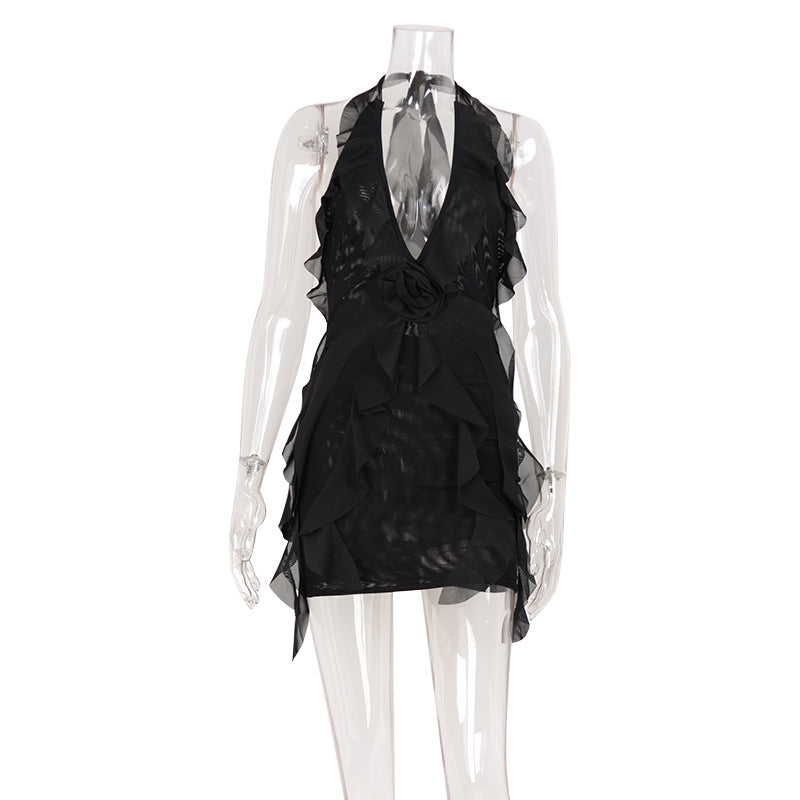 Sexy backless strapless mesh with ruffled edges and neck hanging dress