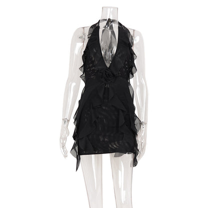 Sexy backless strapless mesh with ruffled edges and neck hanging dress