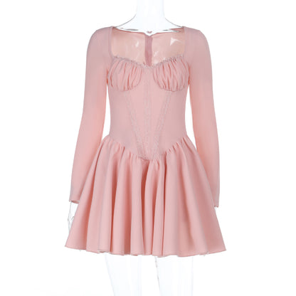 Square collar lace trimmed long sleeved waist cinched dress