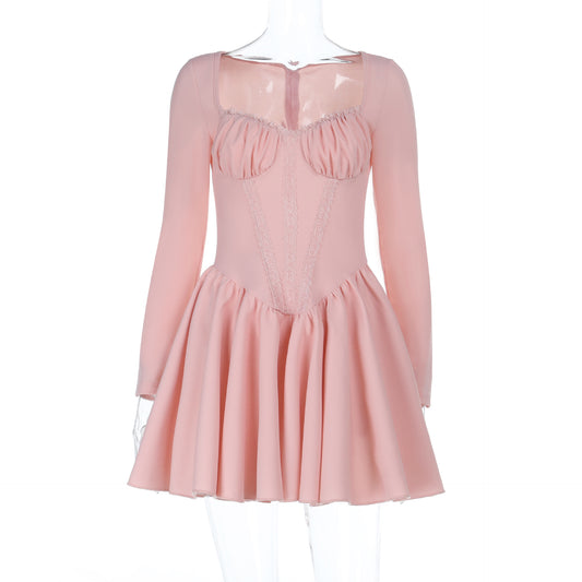 Square collar lace trimmed long sleeved waist cinched dress