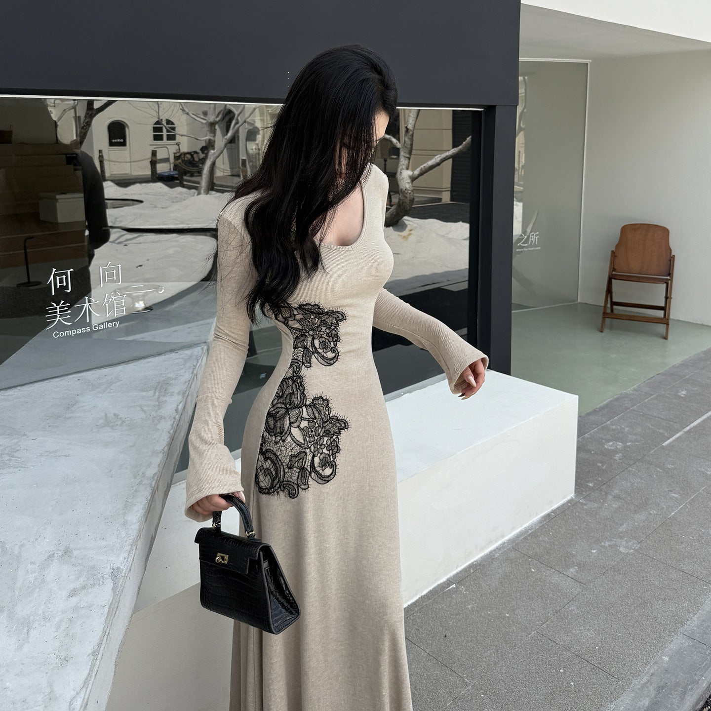 V-neck flared sleeve French minimalist waist cinched A-line dress