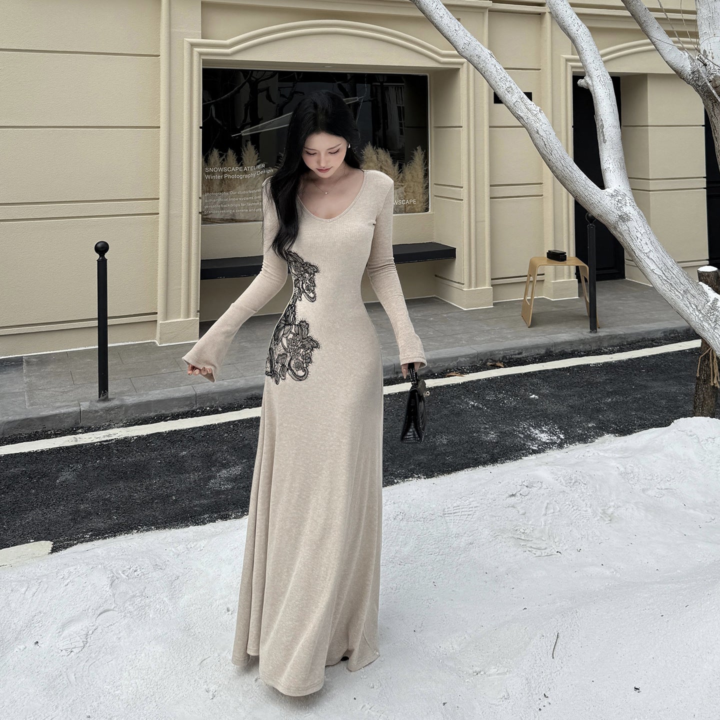 V-neck flared sleeve French minimalist waist cinched A-line dress