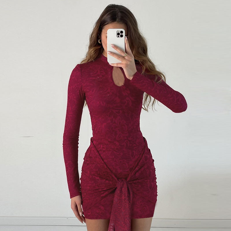 Long sleeved ribbon lace neckline hollow out twisted dress