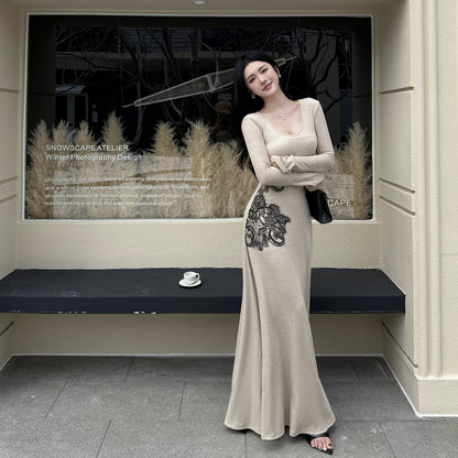 V-neck flared sleeve French minimalist waist cinched A-line dress