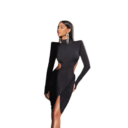 High neck backless pleated hip hugging short skirt long sleeved dress