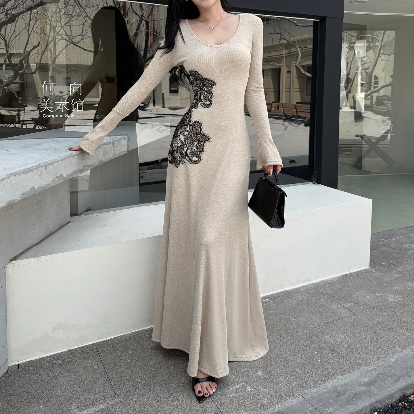 V-neck flared sleeve French minimalist waist cinched A-line dress