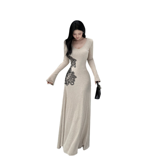 V-neck flared sleeve French minimalist waist cinched A-line dress