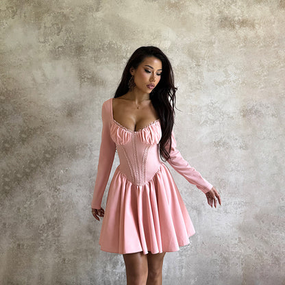 Square collar lace trimmed long sleeved waist cinched dress